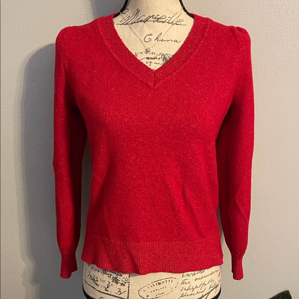 LOFT Red V Neck Sweater Medium Puff Sleeve Knit Top